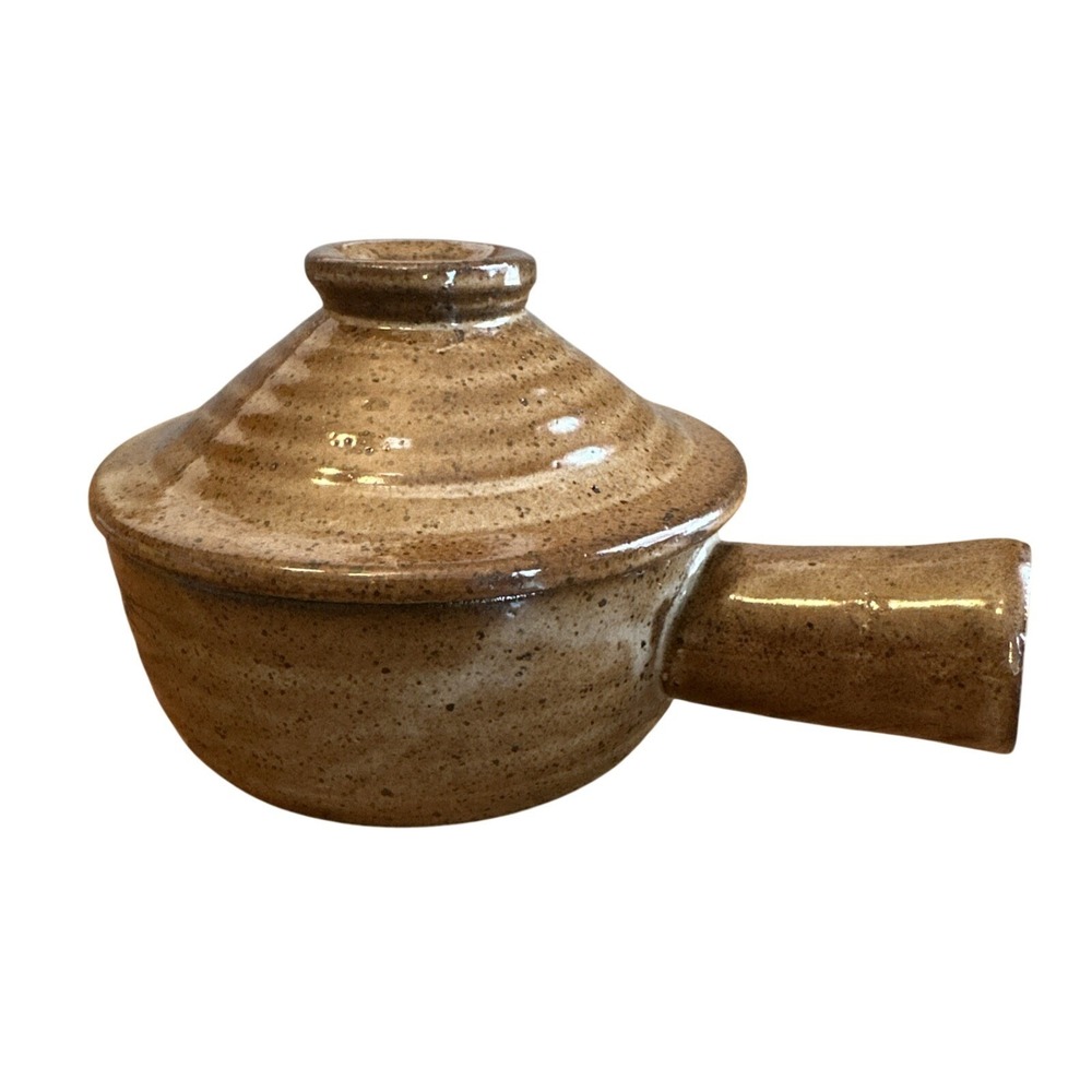 Vintage Brown‎ Pottery Crock with Handle and Vented Lid Soup Bowl 5" Tall Glazed